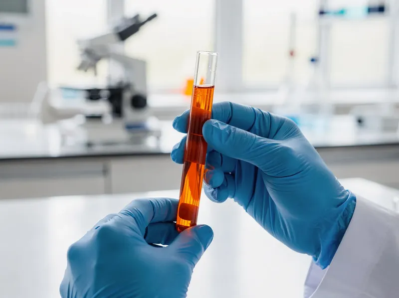Test tube with orange extract in a laboratory